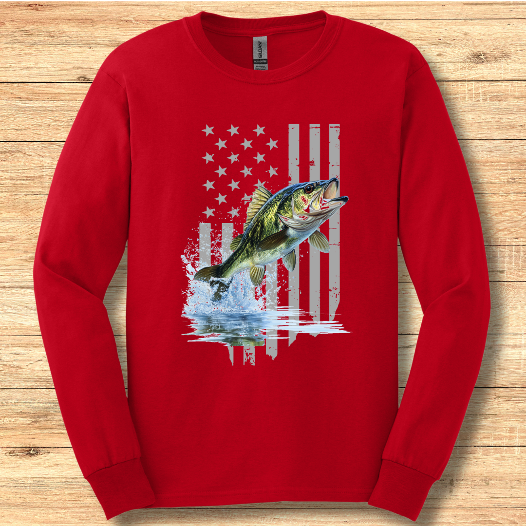 Largemouth Bass with Distressed Flag Long Sleeve Tee | Fishing Shirt
