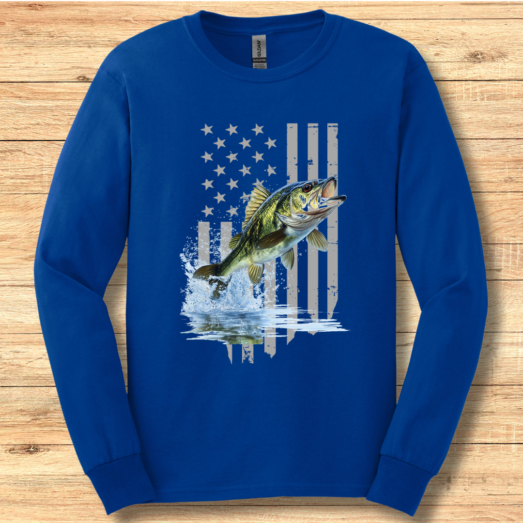 Largemouth Bass with Distressed Flag Long Sleeve Tee | Fishing Shirt
