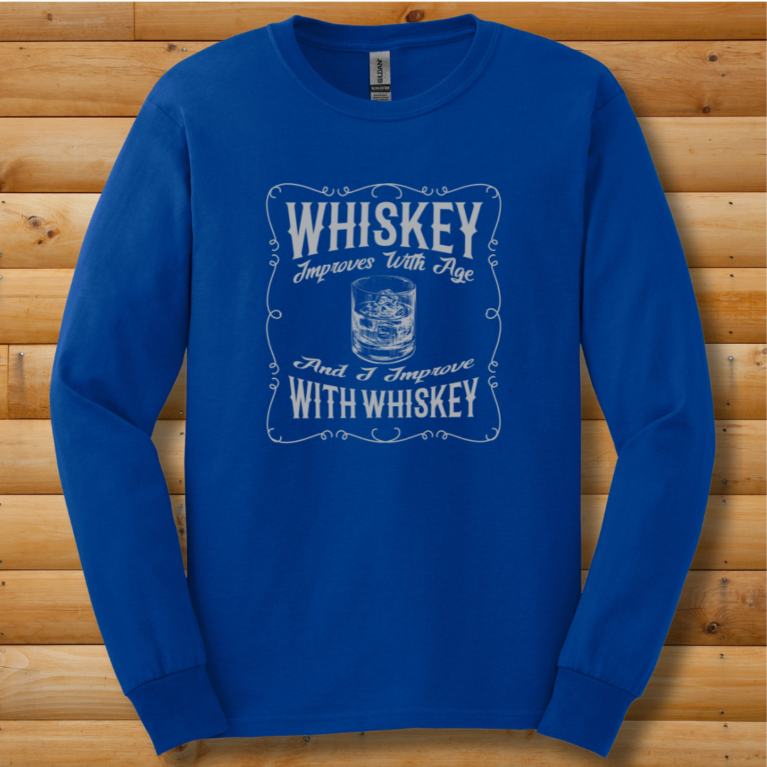 Whiskey Improves With Age Long Sleeve Tee | Whiskey Drinker Shirt