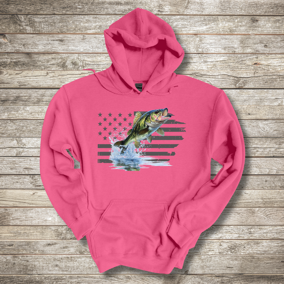 Largemouth Bass with Distressed Flag Hoodie | Fishing Gifts for Men