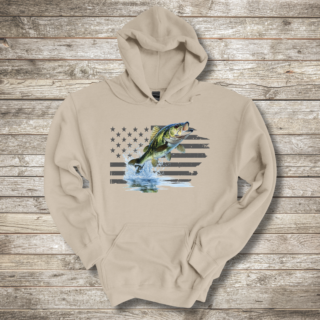 Largemouth Bass with Distressed Flag Hoodie | Fishing Gifts for Men