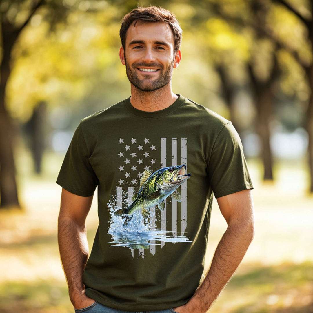 Largemouth Bass with Distressed Flag T-Shirt | Fishing Gifts for Men
