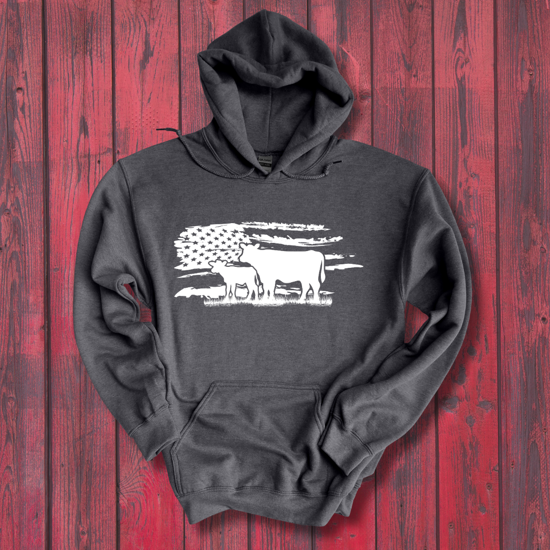 USA Cow Distressed Flag Long-Sleeve Hoodie | Gift Ideas for Farmers