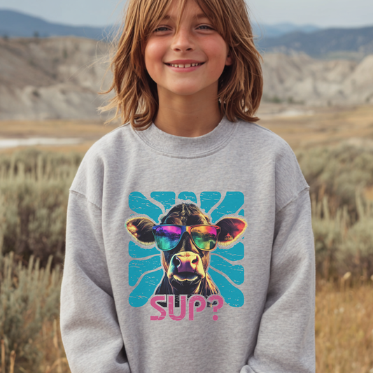 Child wearing a gray sweatshirt with a colorful cow graphic and 'SUP?' text in a desert landscape.