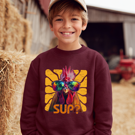 Child wearing a maroon sweatshirt with a colorful graphic of a rooster and 'SUP?' text, standing in a barn setting.