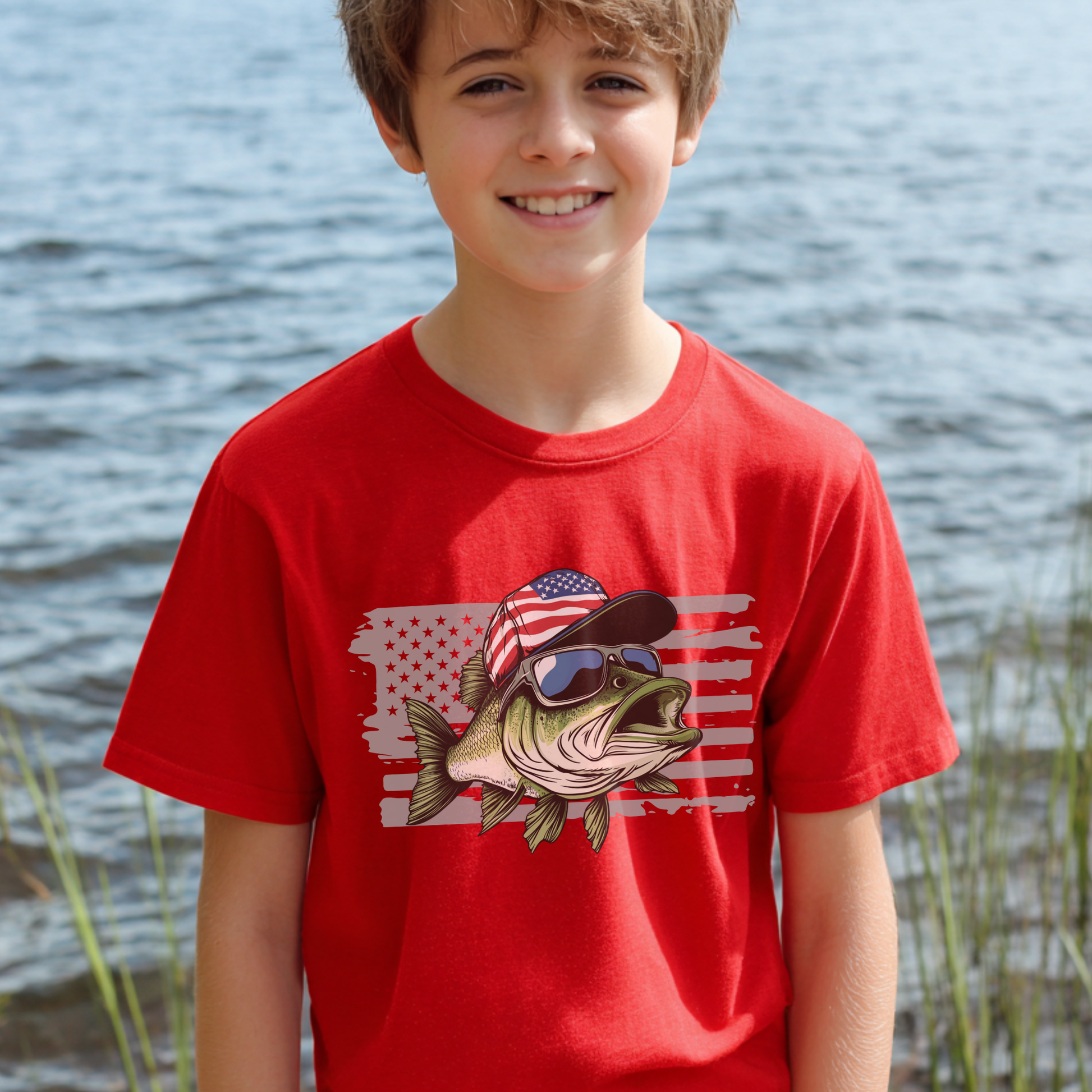 Child wearing a red t-shirt with a fish graphic and American flag design, standing by water.