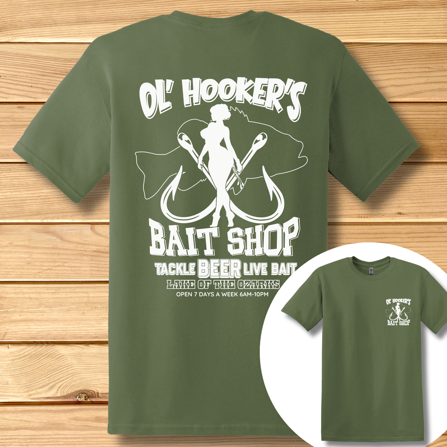 Green t-shirt with 'Ol' Hooker's Bait Shop' graphic on a wooden surface