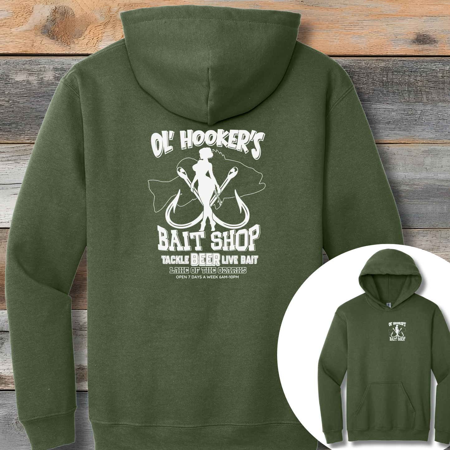 Green hoodie with 'Ol' Hooker's Bait Shop' graphic on a wooden background