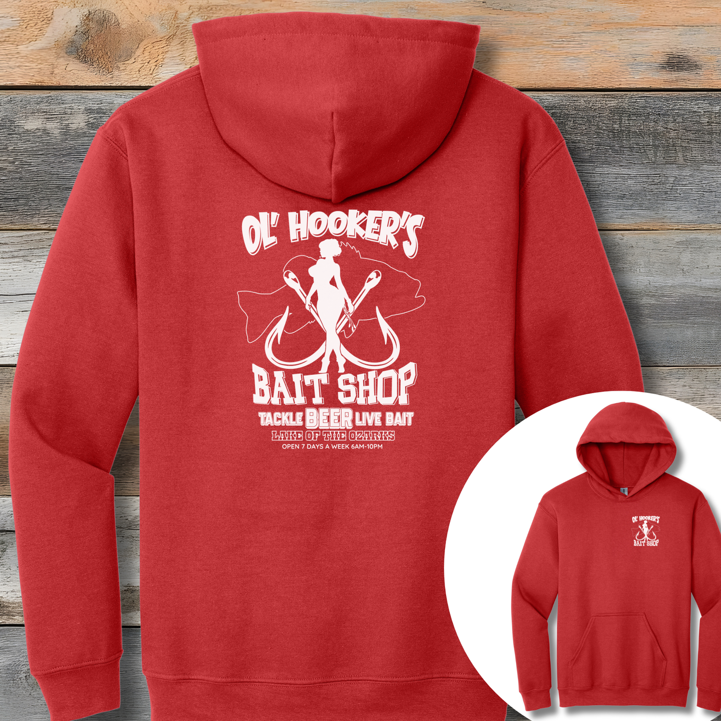 Red hoodie with 'Ol' Hooker's Bait Shop' graphic on a wooden background