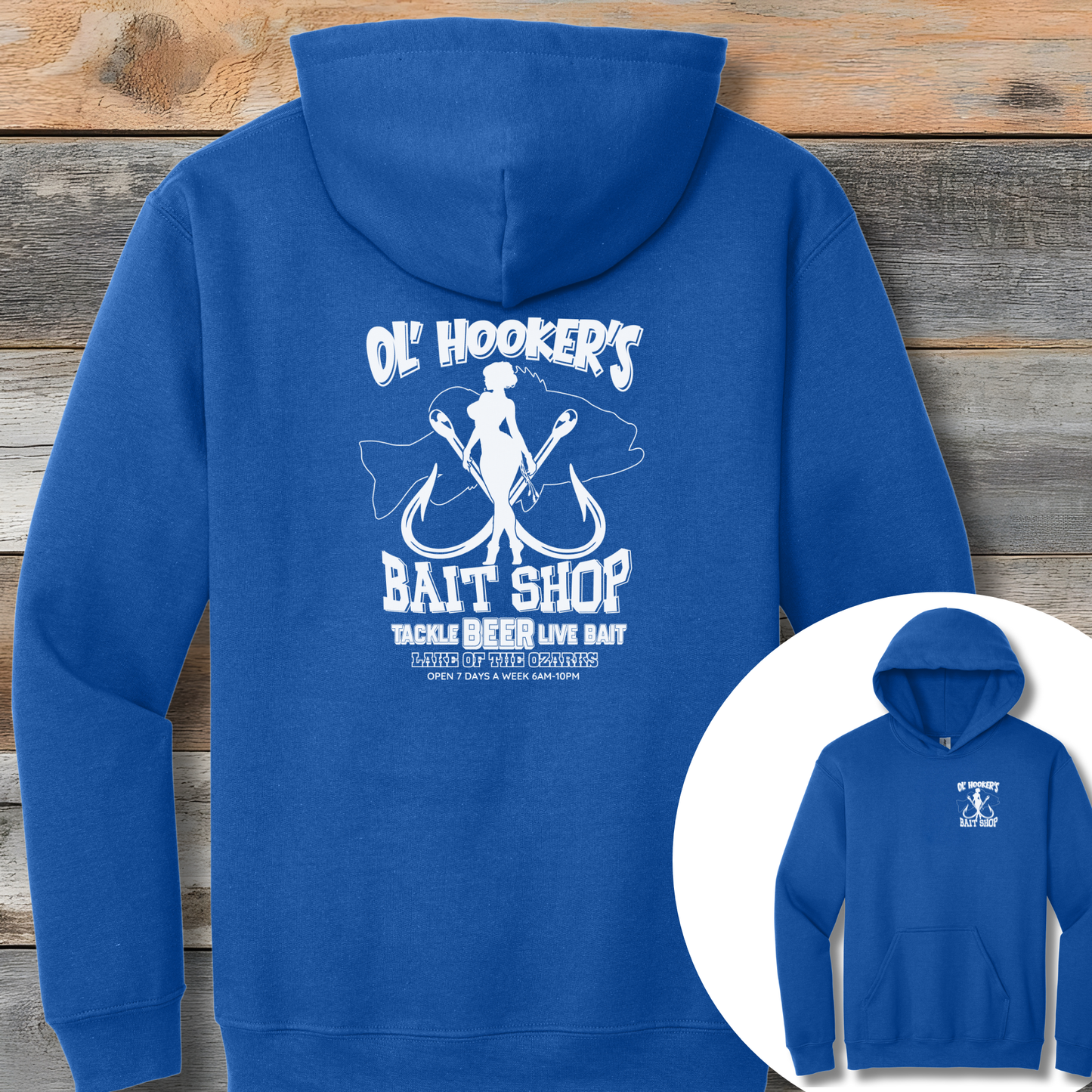 Blue hoodie with 'Ol' Hooker's Bait Shop' graphic on a wooden background