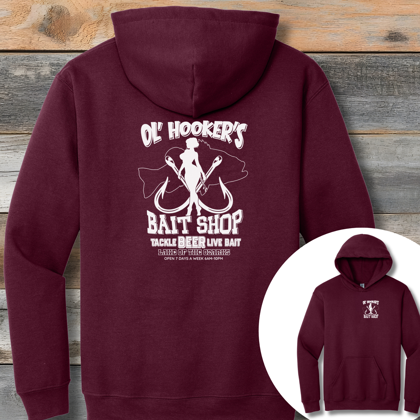 Maroon hoodie with 'Ol' Hooker's Bait Shop' graphic on a wooden background