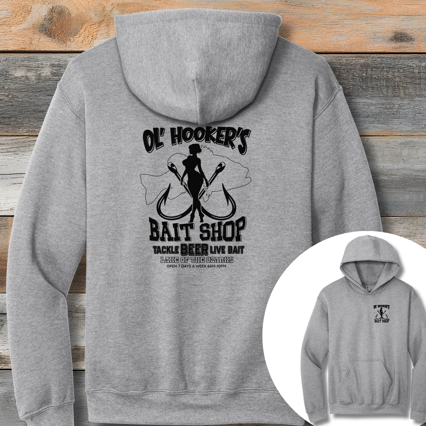 Gray hoodie with black graphic and text on a wooden background