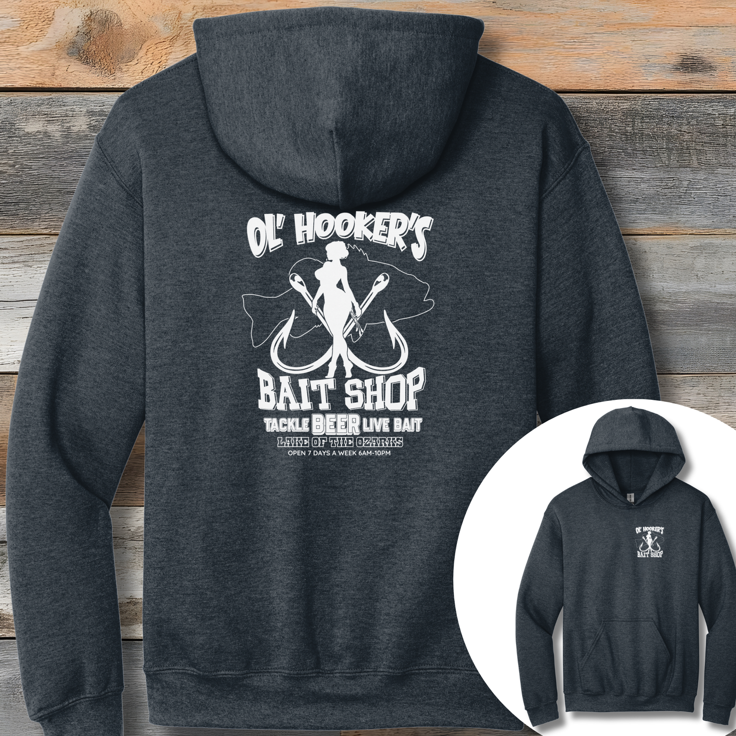 Dark gray hoodie with 'Ol' Hooker's Bait Shop' graphic on the back against a wooden background.