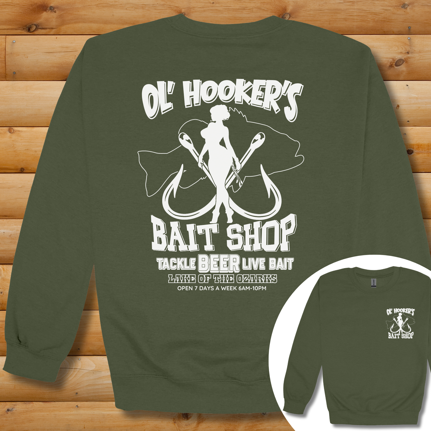 Green sweatshirt with 'Ol' Hooker's Bait Shop' graphic on a wooden background