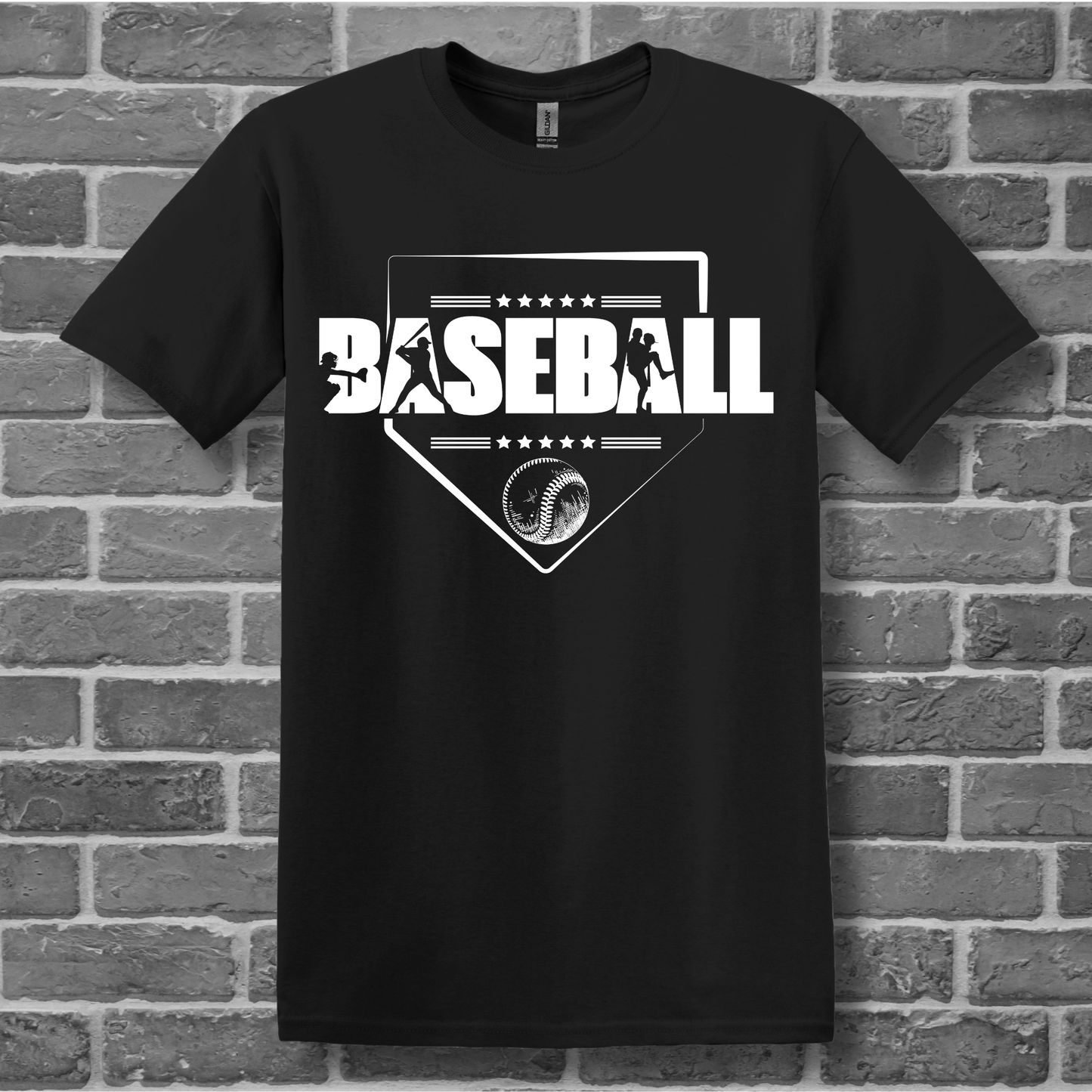 Black t-shirt with 'BASEBALL' design on a brick wall background
