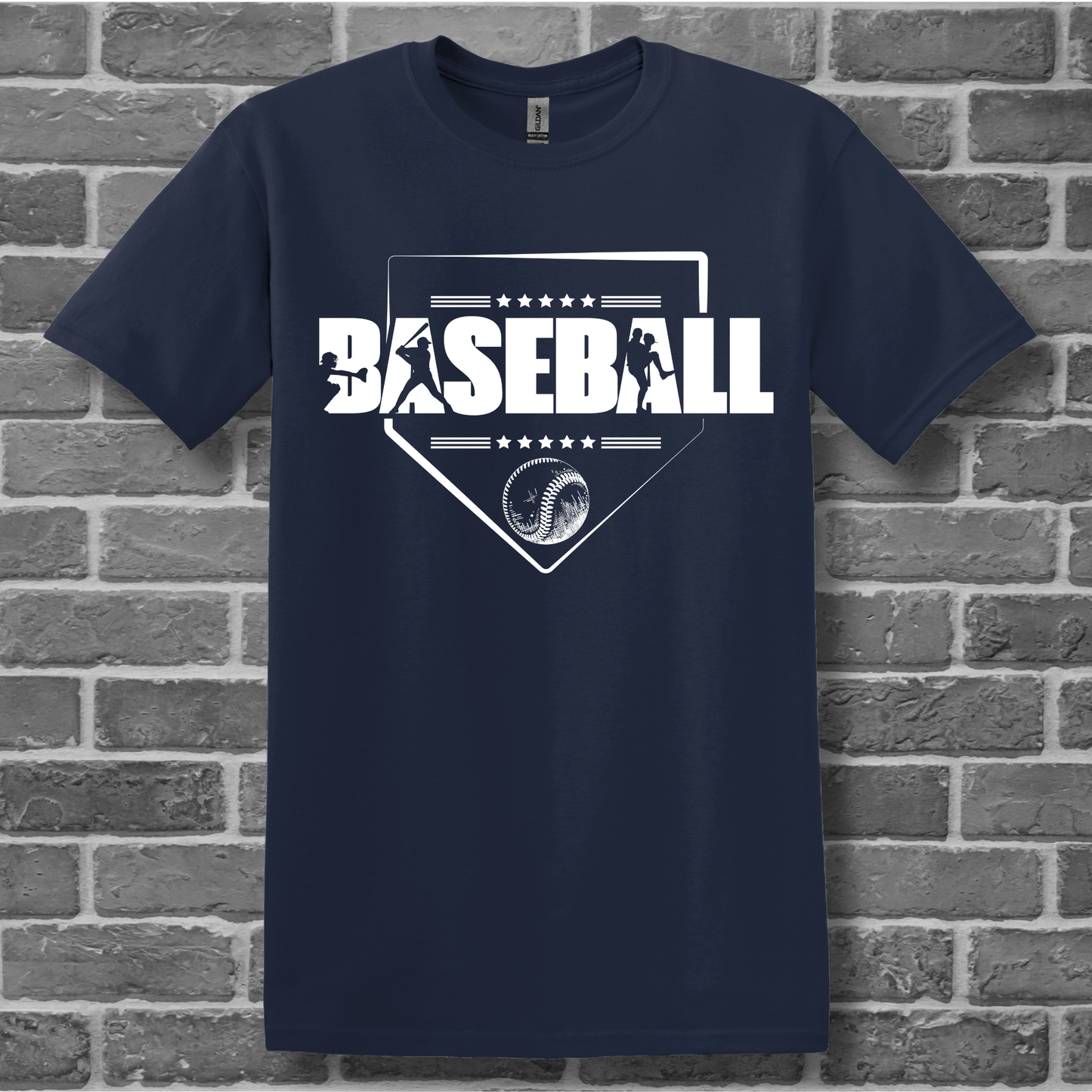 Navy blue t-shirt with 'BASEBALL' design on a brick wall background