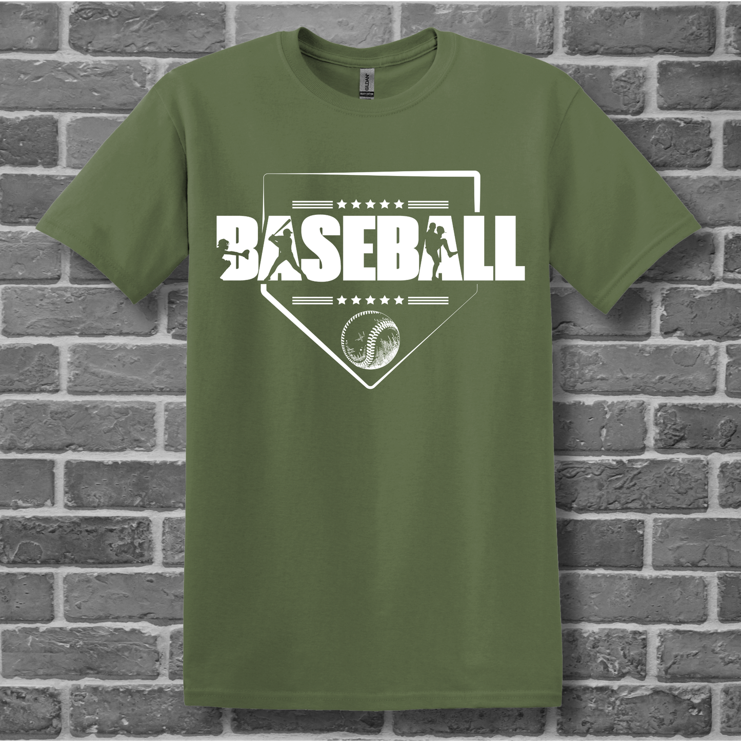 Green t-shirt with 'BASEBALL' design on a brick wall background