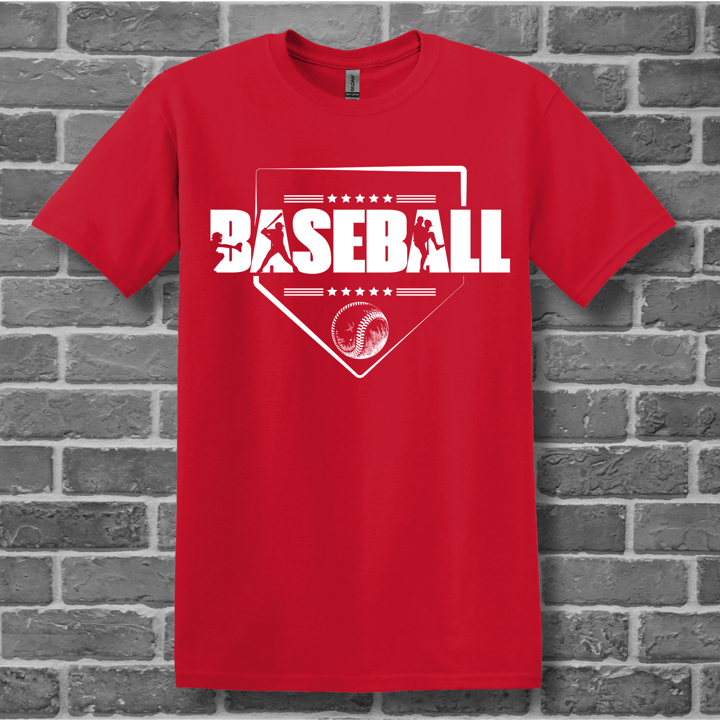 Red t-shirt with 'BASEBALL' design on a brick wall background