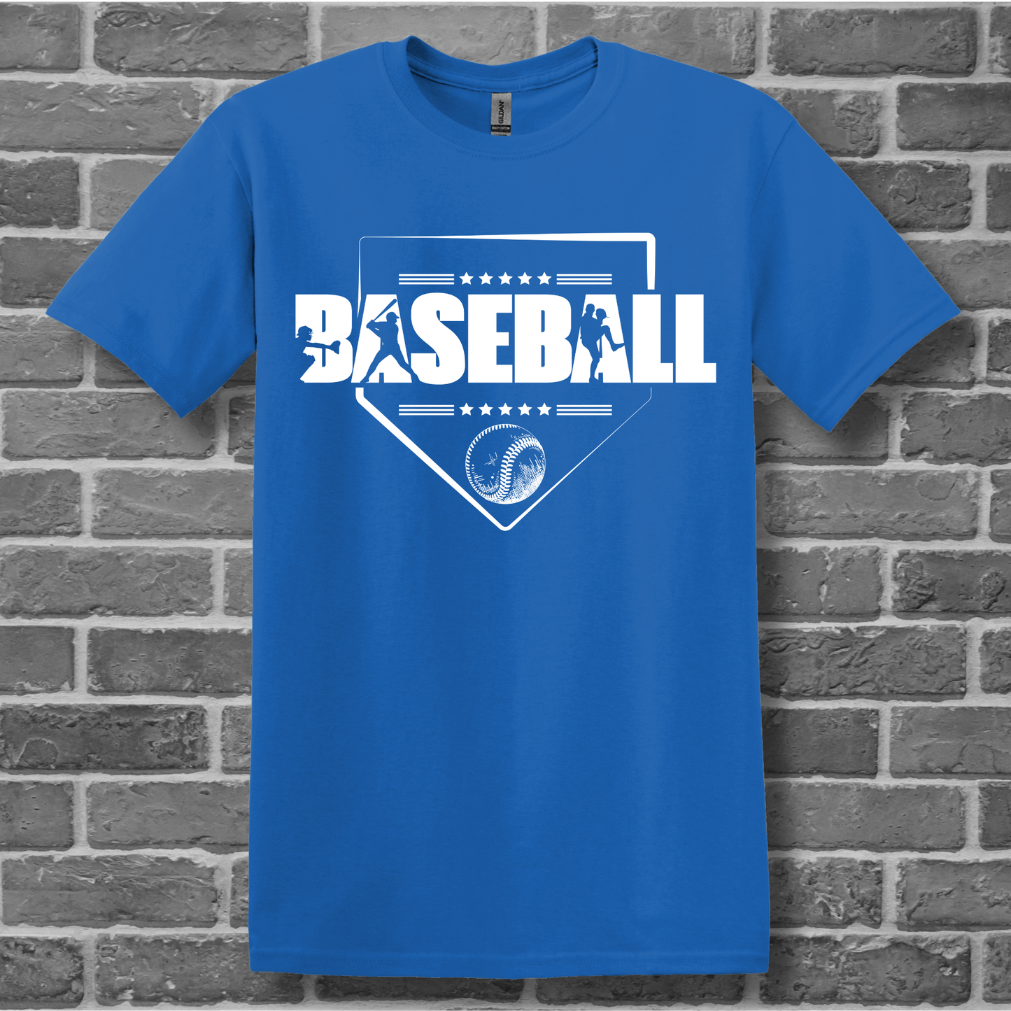 Blue t-shirt with 'BASEBALL' design on a brick wall background