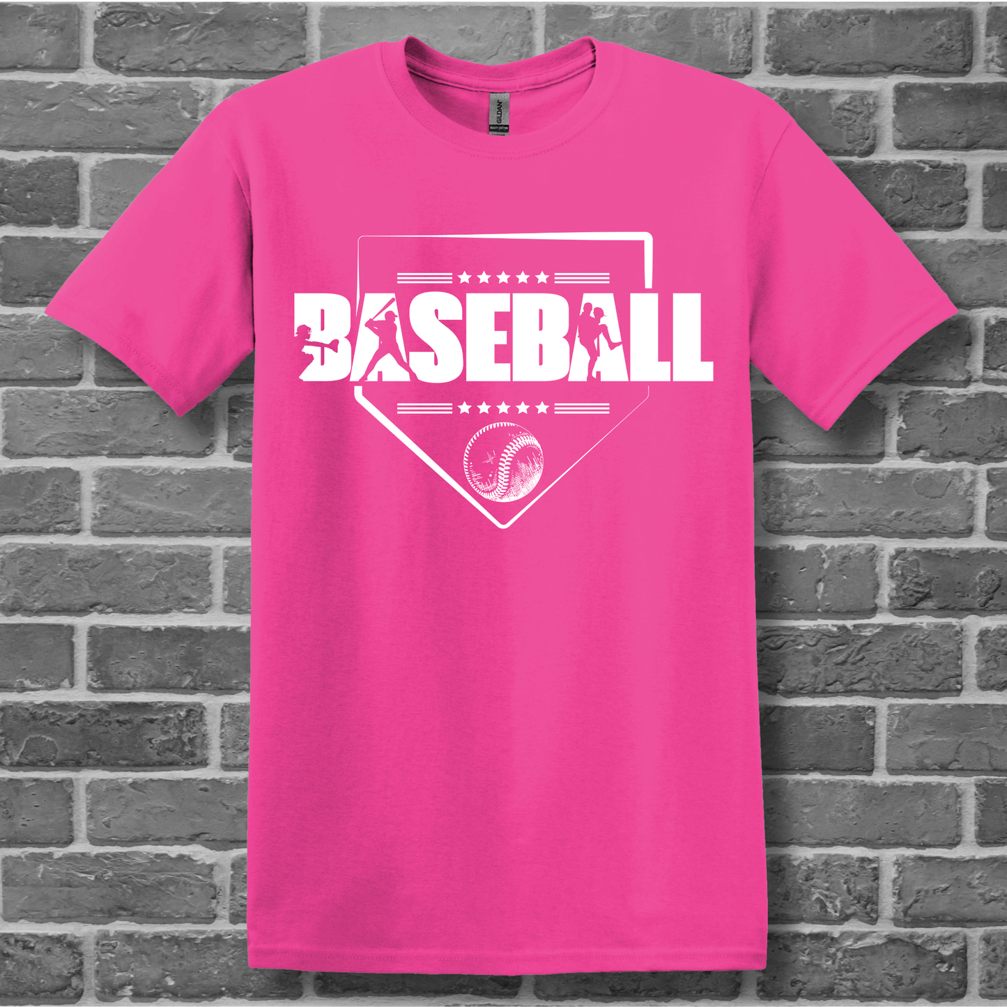 Pink t-shirt with 'BASEBALL' design on a brick wall background