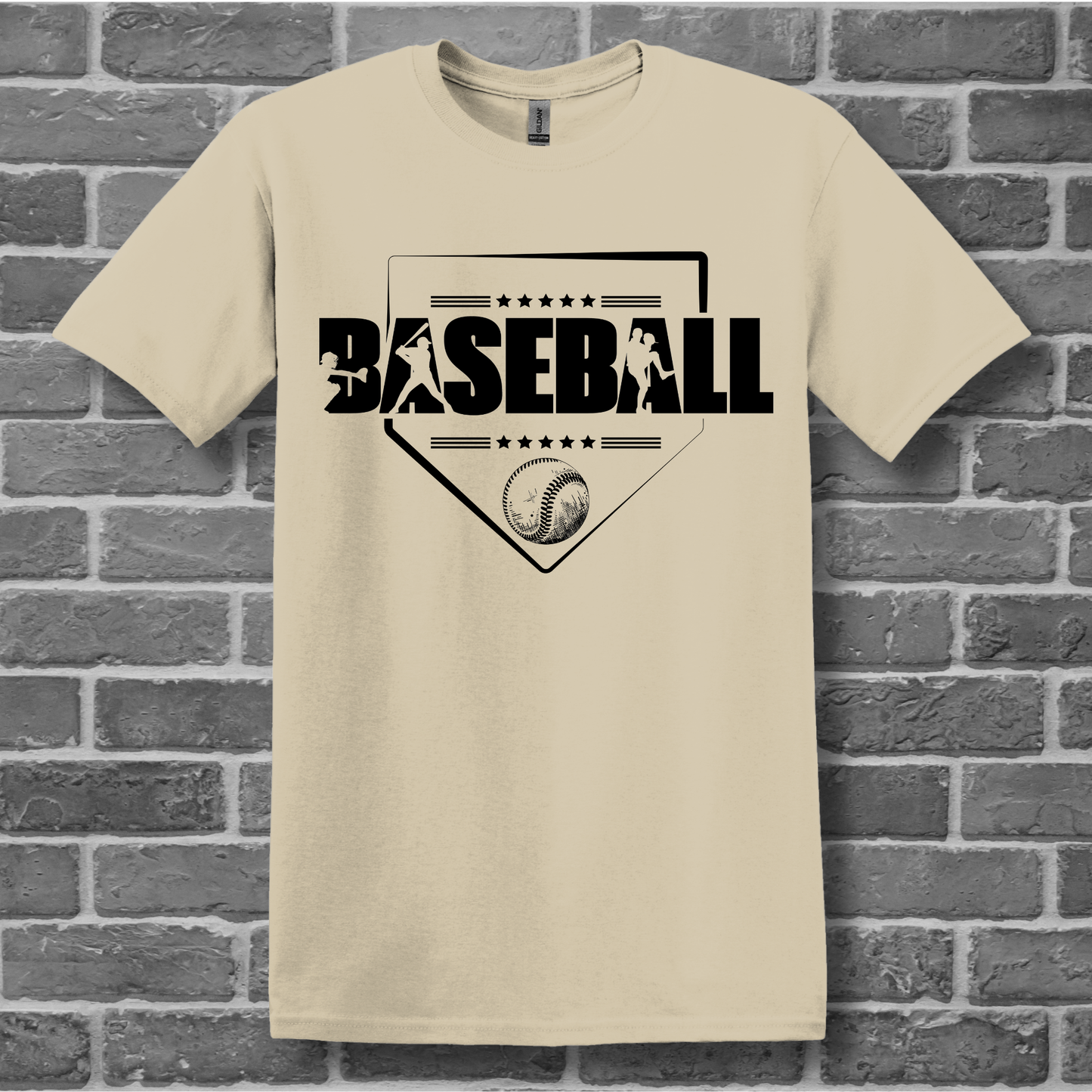 Beige t-shirt with 'BASEBALL' graphic on a brick wall background