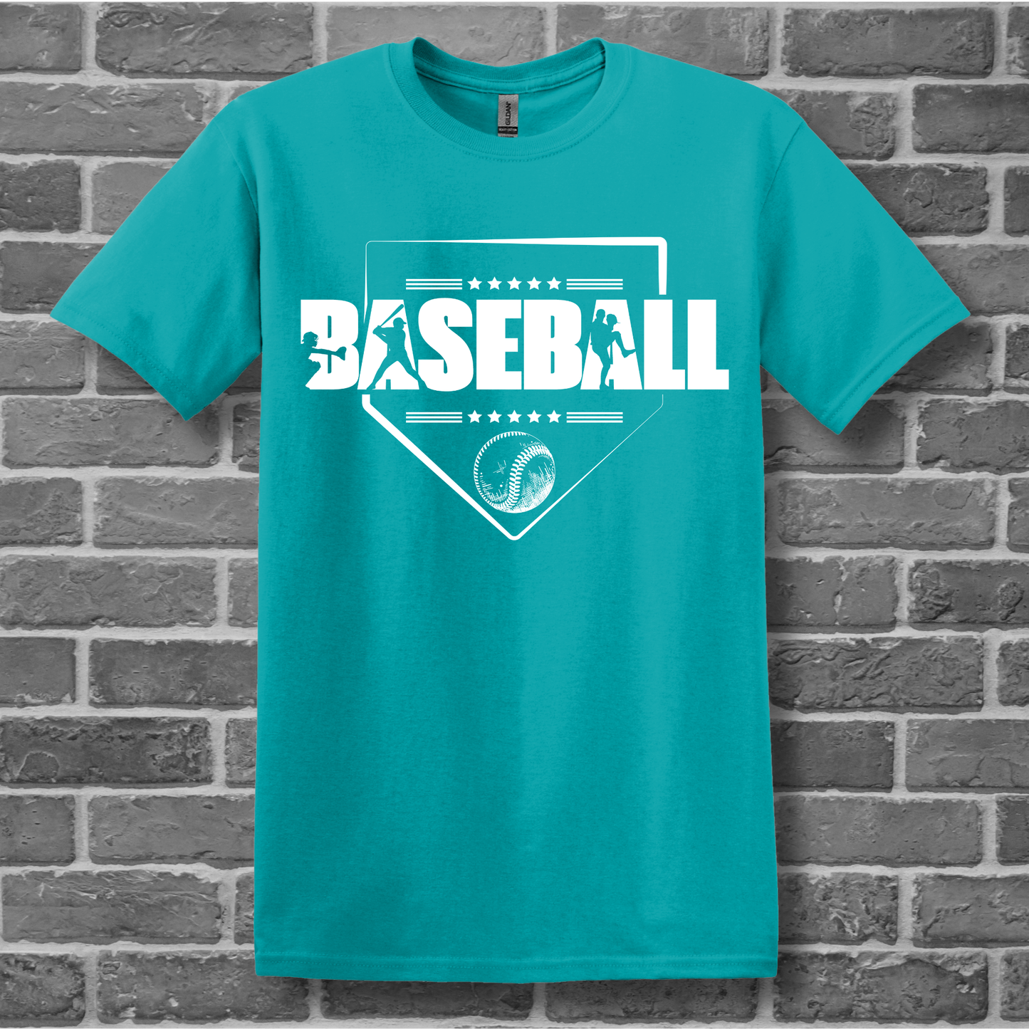 Teal t-shirt with 'BASEBALL' design on a brick wall background