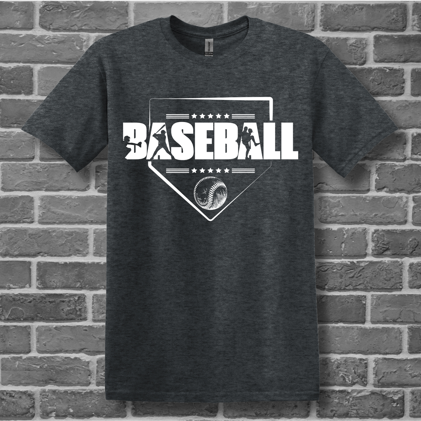 Dark gray t-shirt with 'BASEBALL' design on a brick wall background