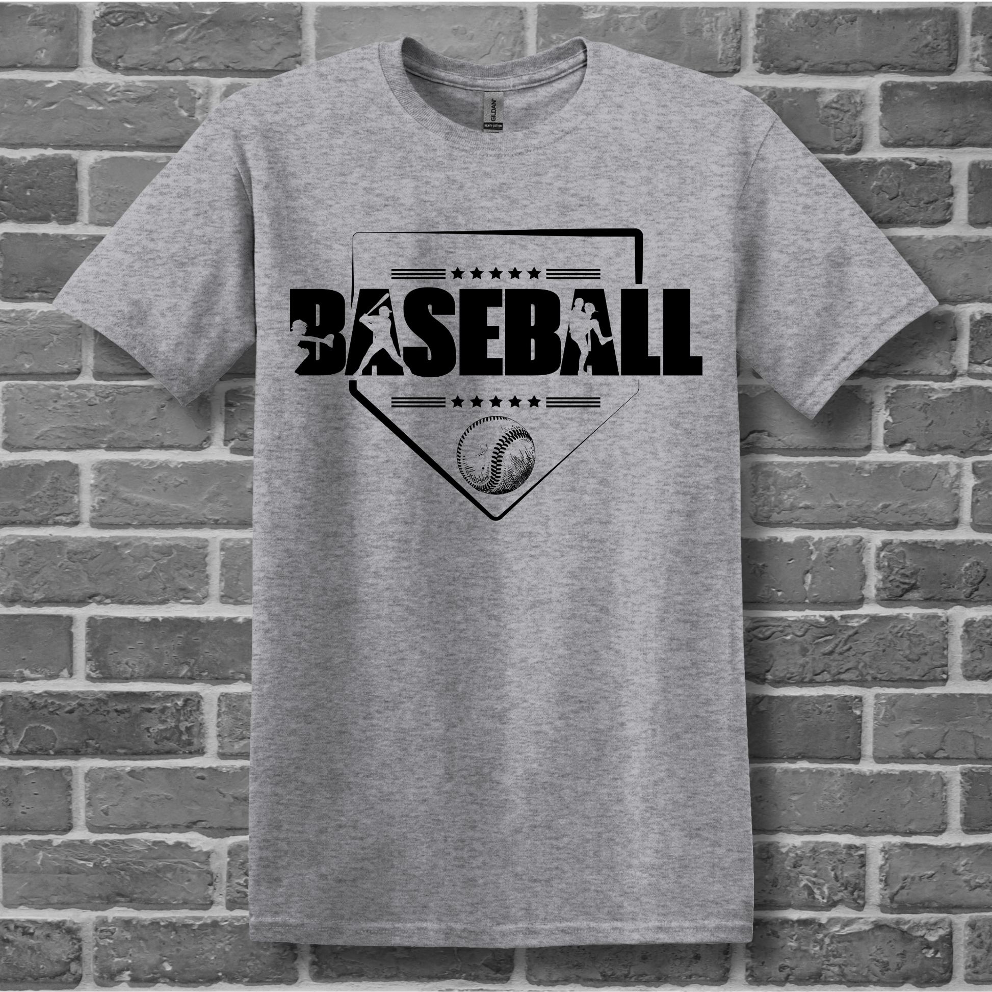 Gray t-shirt with 'BASEBALL' graphic on a brick wall background