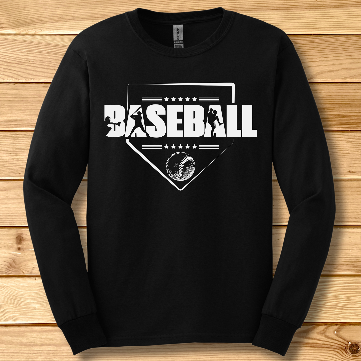 Black long-sleeve shirt with 'BASEBALL' design on a wooden surface