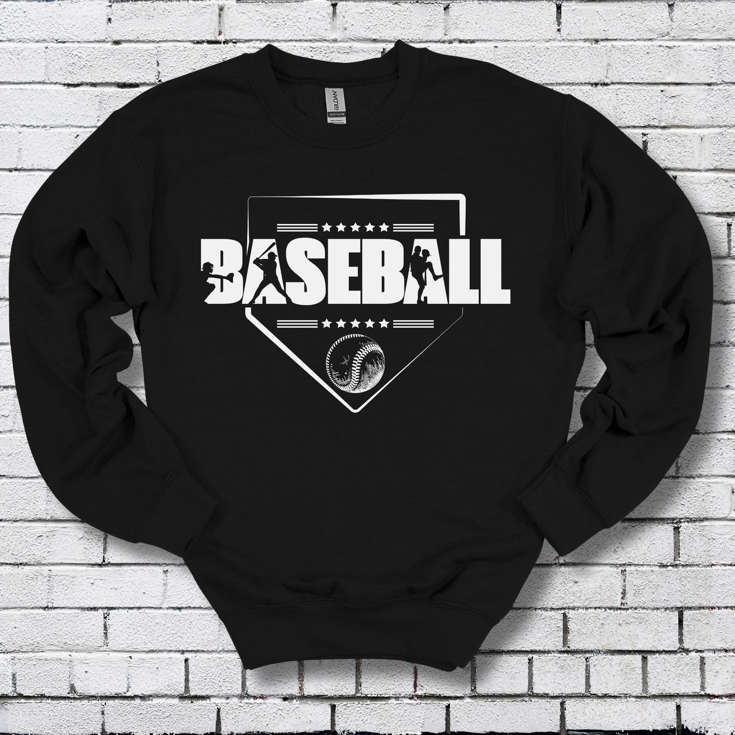 Black sweatshirt with 'BASEBALL' design on a brick wall background