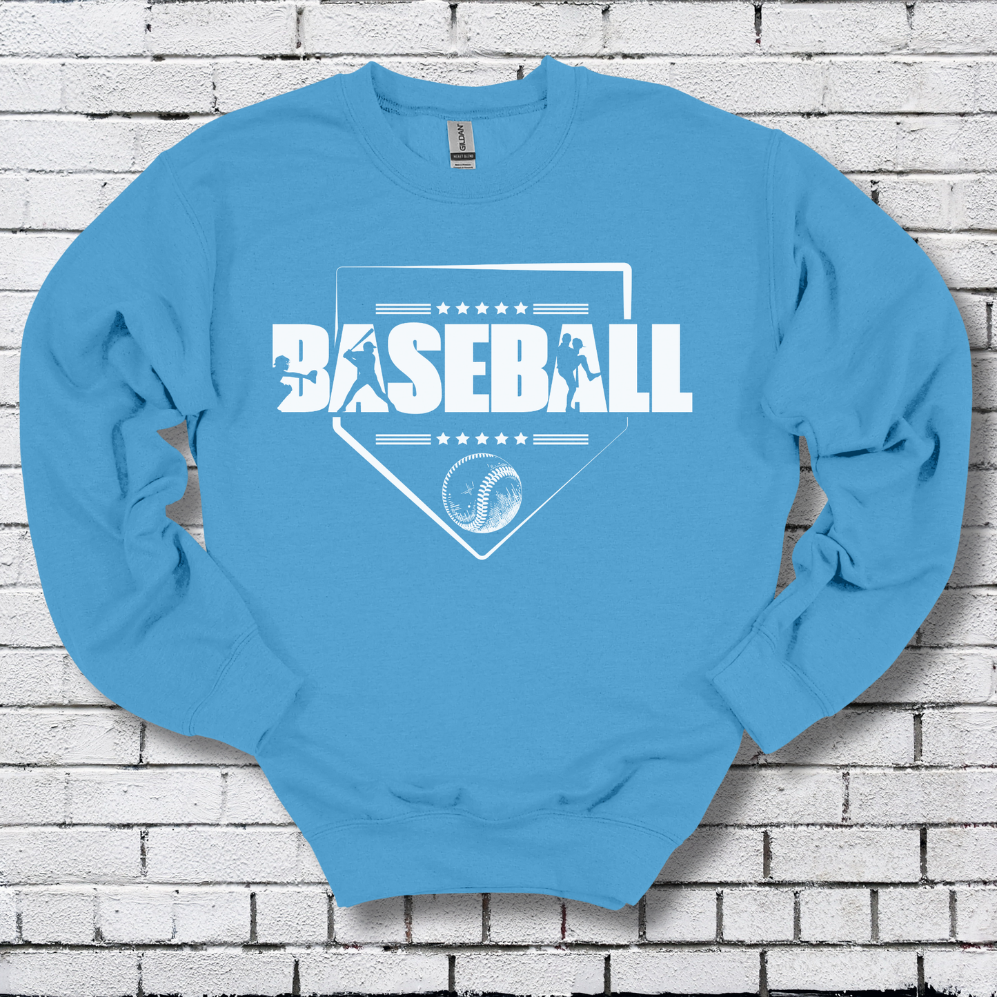 Blue sweatshirt with 'BASEBALL' design on a brick wall background