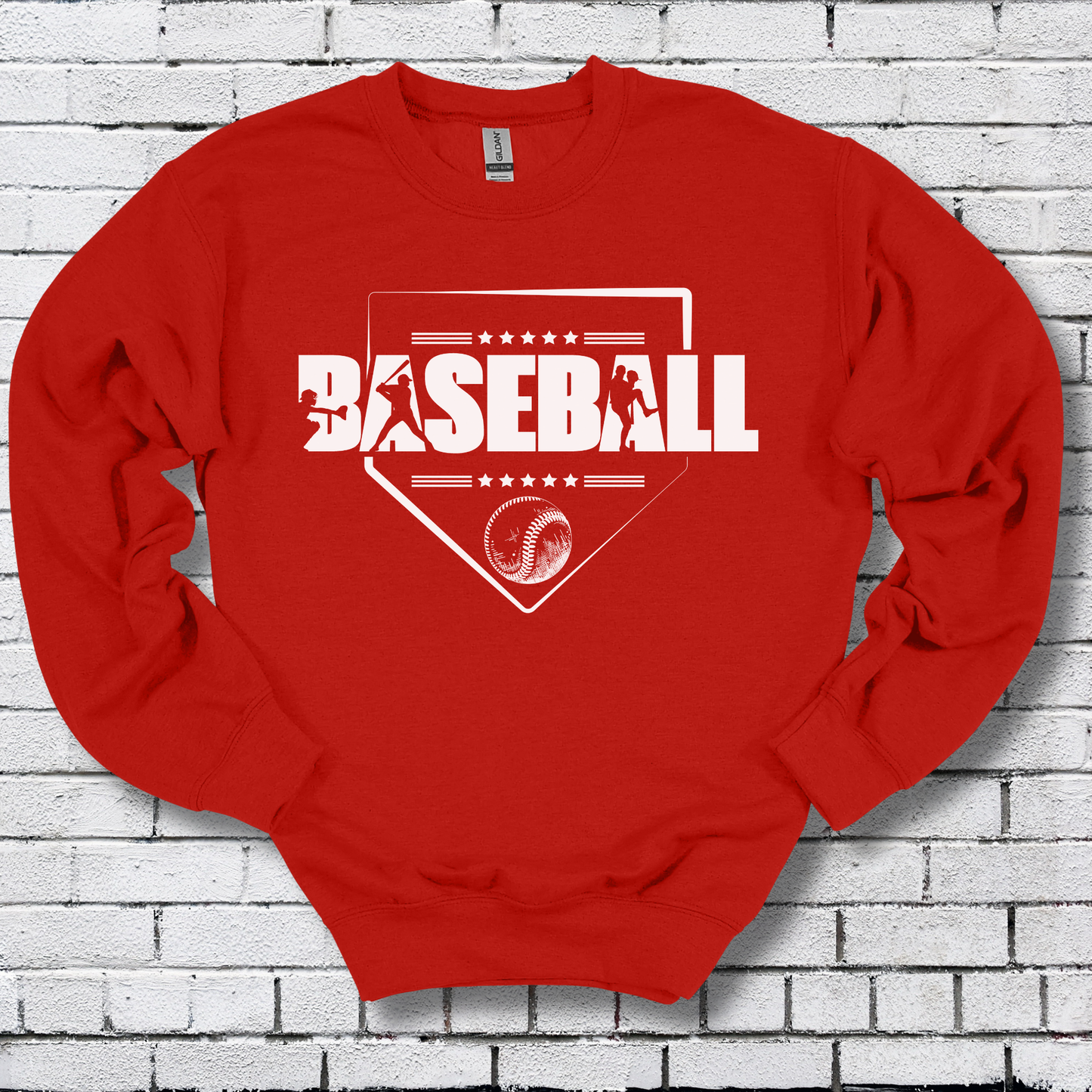 Red sweatshirt with 'BASEBALL' design on a white brick wall background