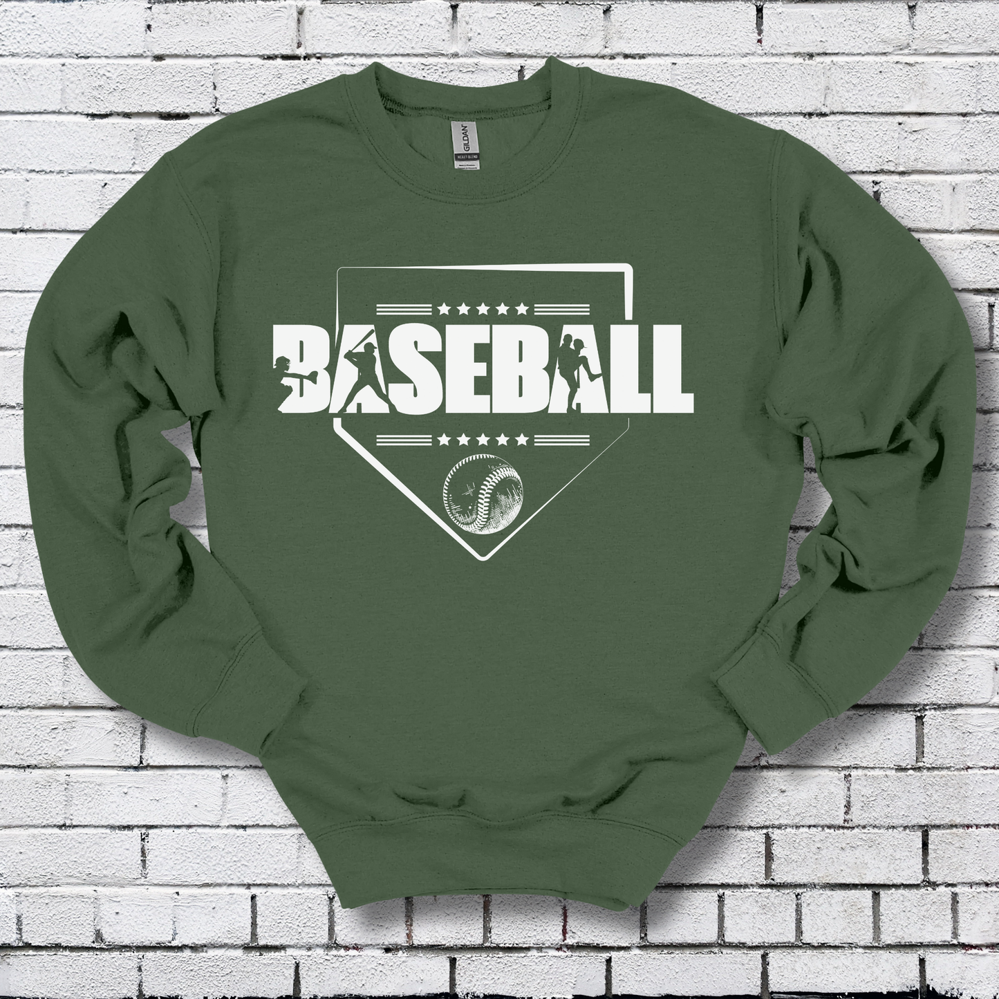 Green sweatshirt with 'BASEBALL' design on a brick wall background