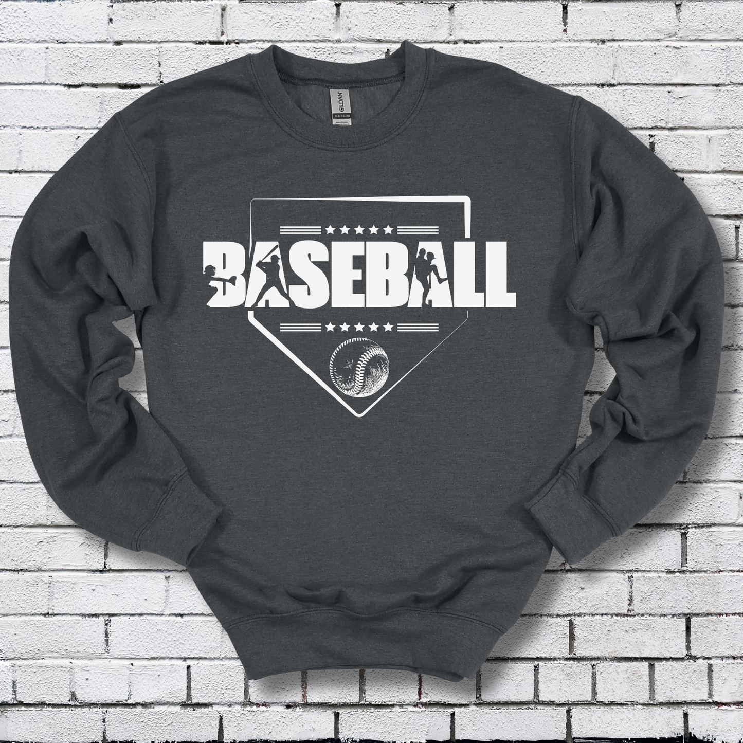 Dark gray sweatshirt with 'BASEBALL' design on a brick wall background