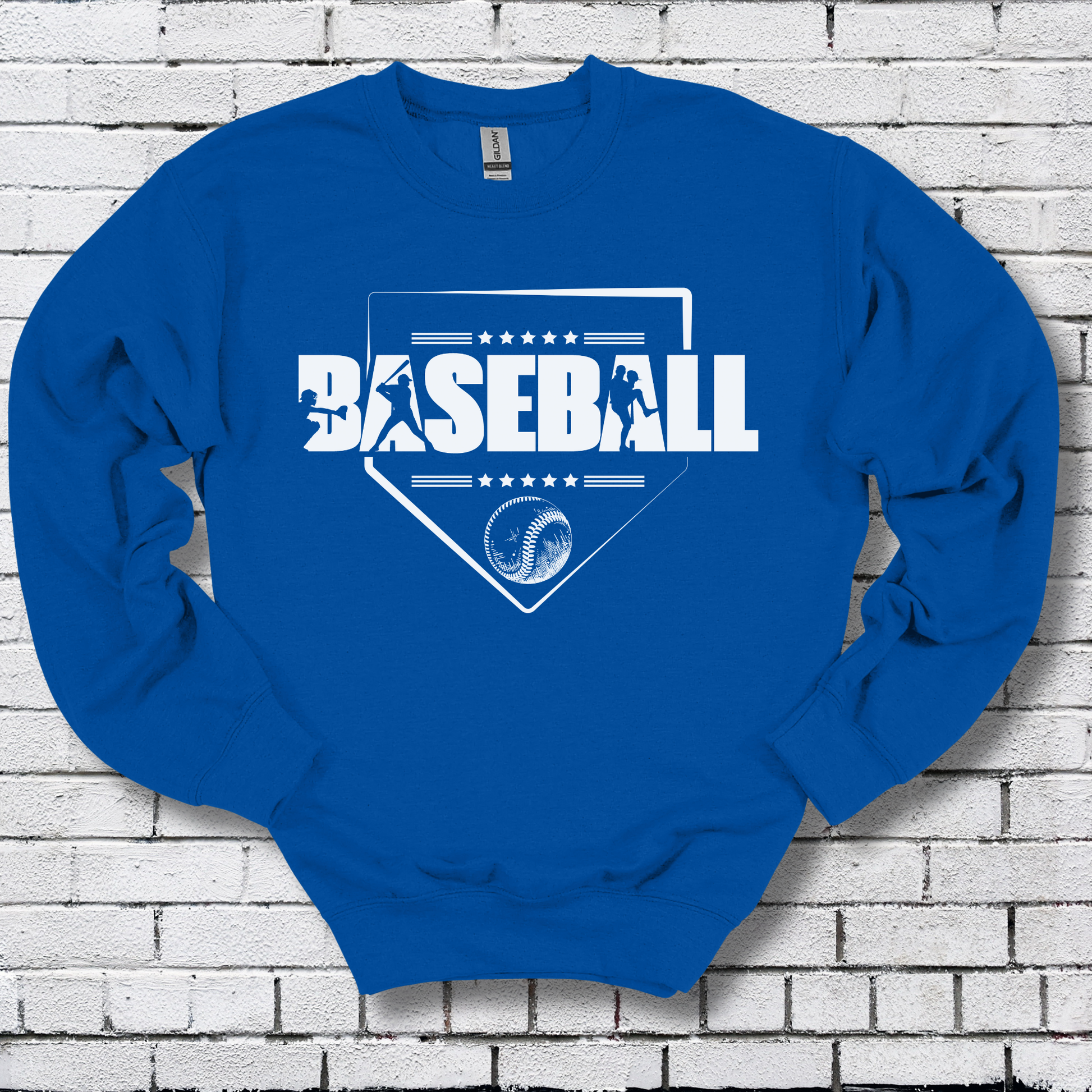 Blue sweatshirt with 'BASEBALL' design on a brick wall background