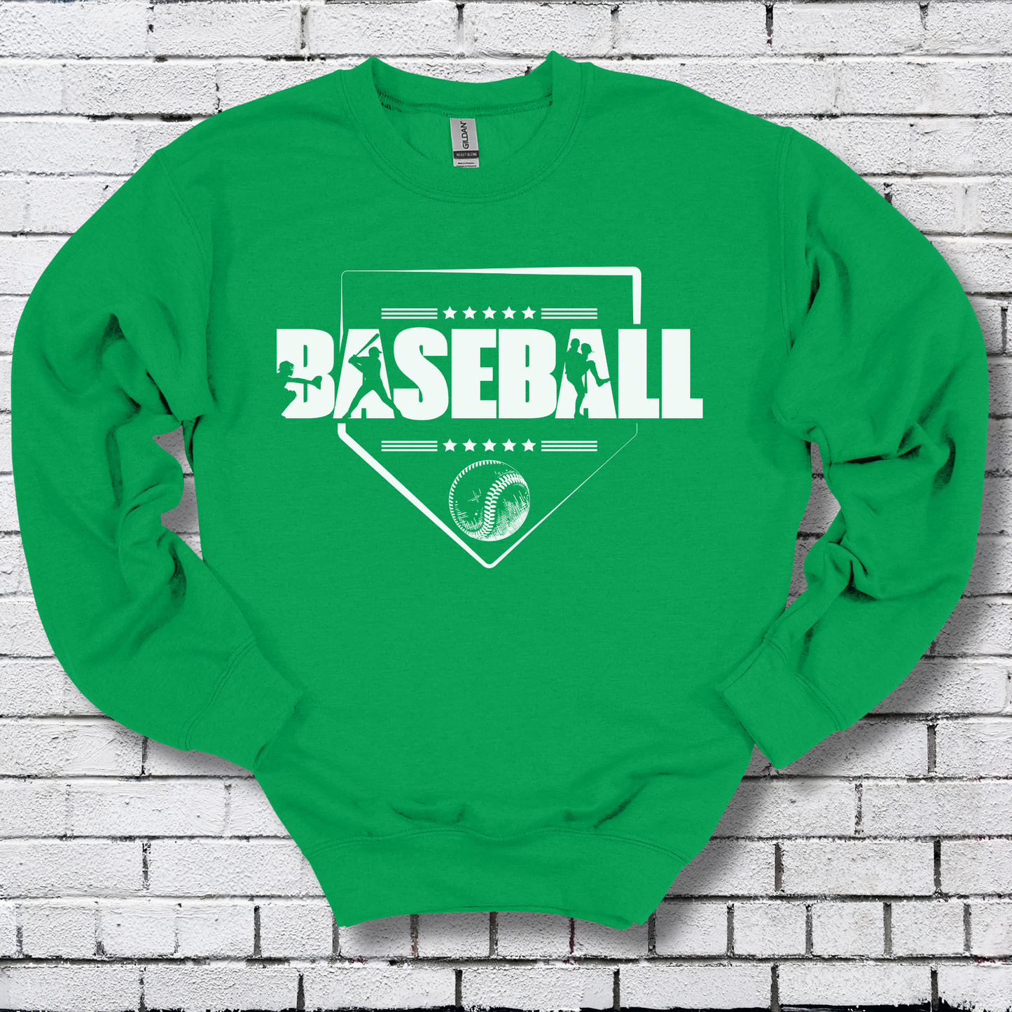 Green sweatshirt with 'BASEBALL' design on a white brick wall background