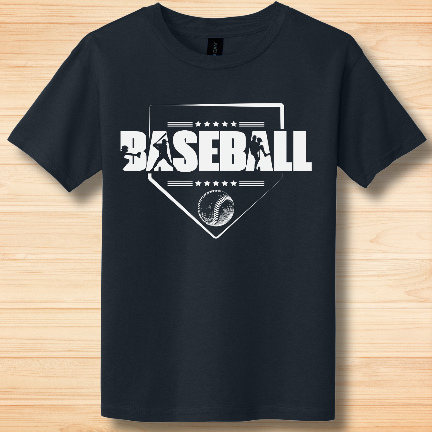 Black t-shirt with white 'BASEBALL' graphic on a wooden surface
