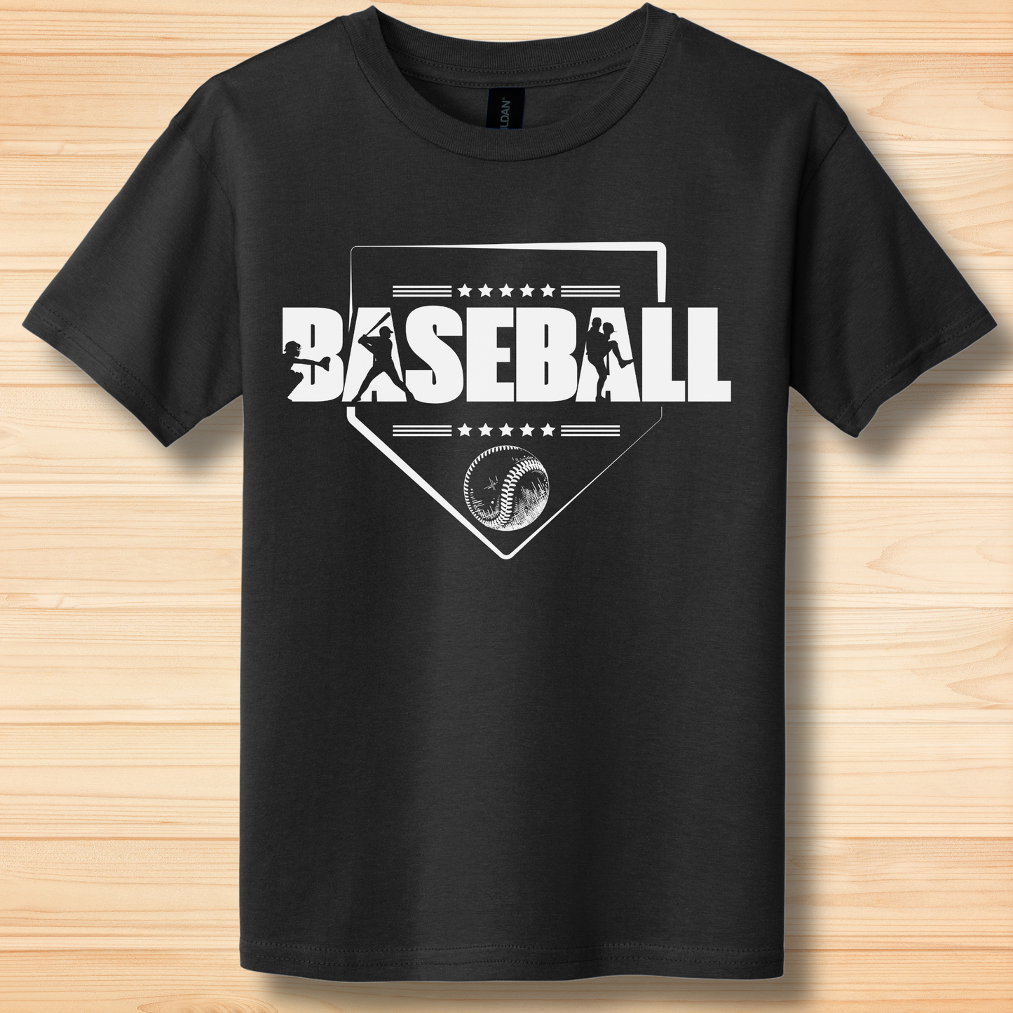 Black t-shirt with white 'BASEBALL' design on a wooden surface