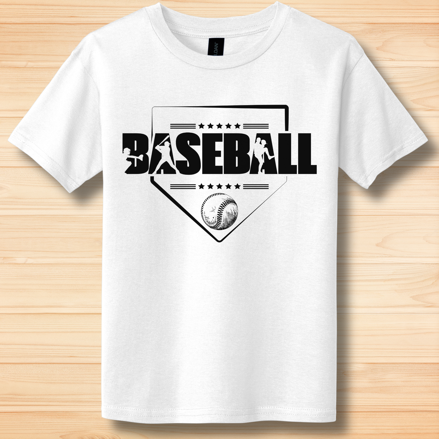White t-shirt with 'BASEBALL' design on a wooden surface