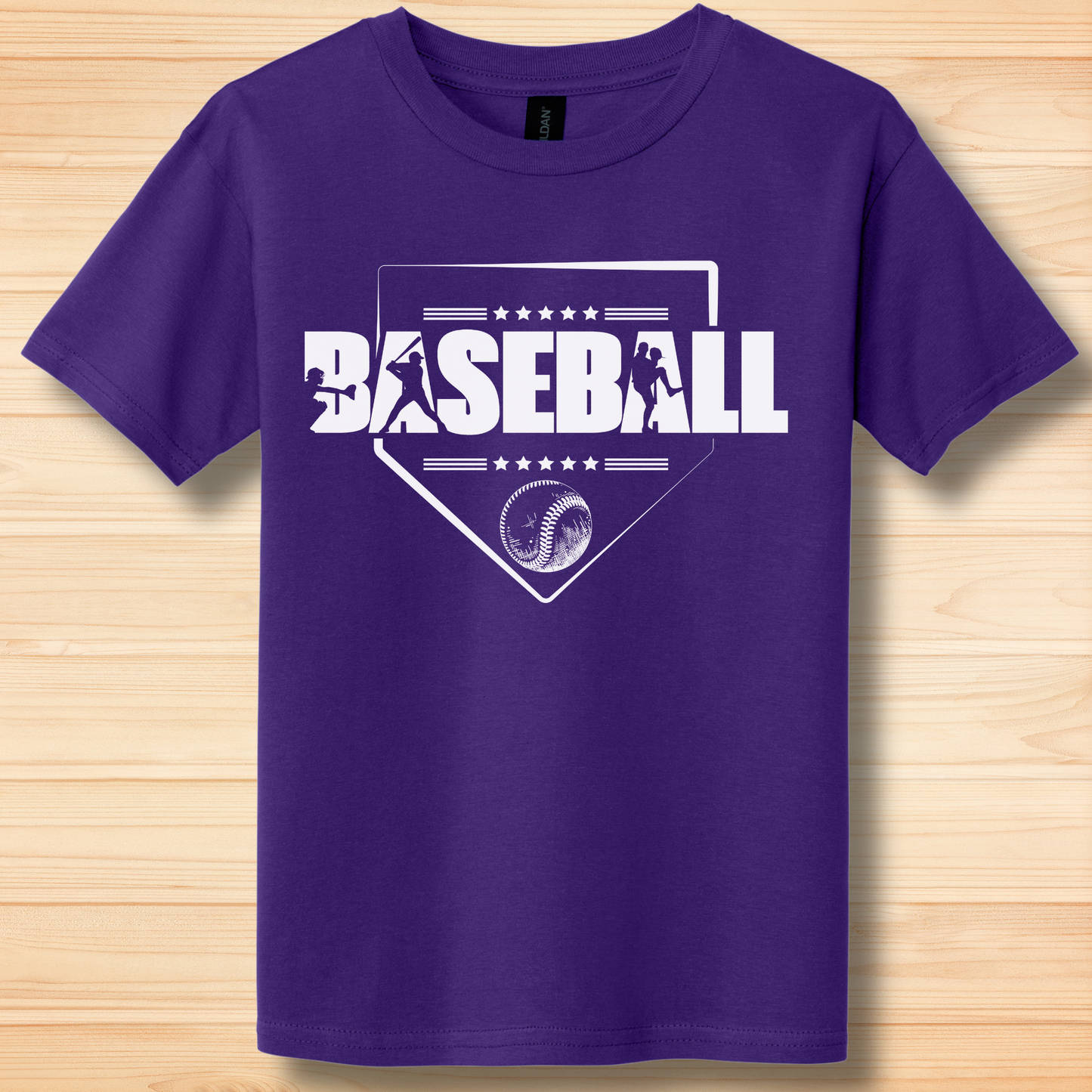 Purple t-shirt with 'BASEBALL' design on a wooden surface