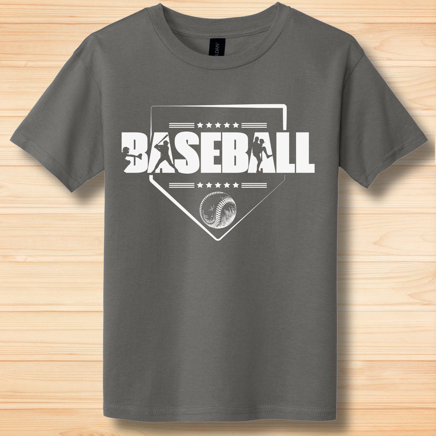 Gray t-shirt with 'BASEBALL' design on a wooden surface