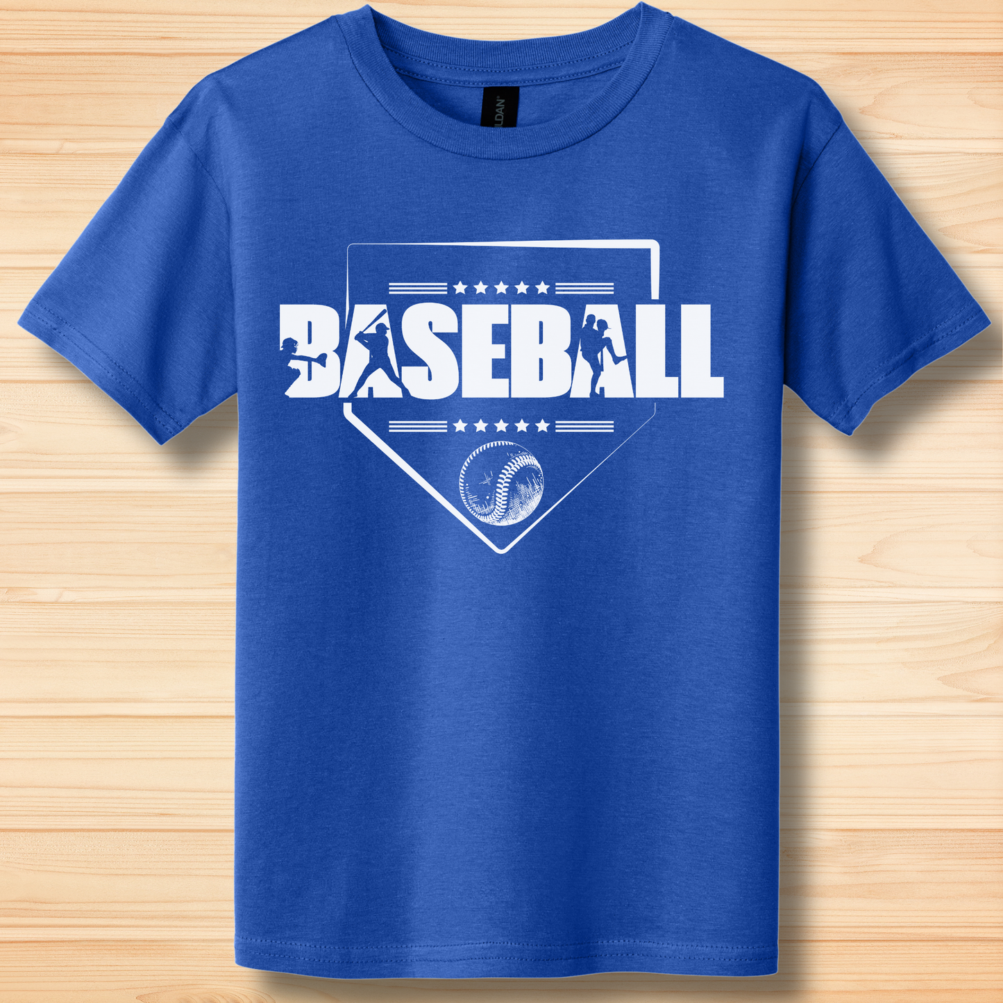 Blue t-shirt with 'BASEBALL' design on a wooden surface