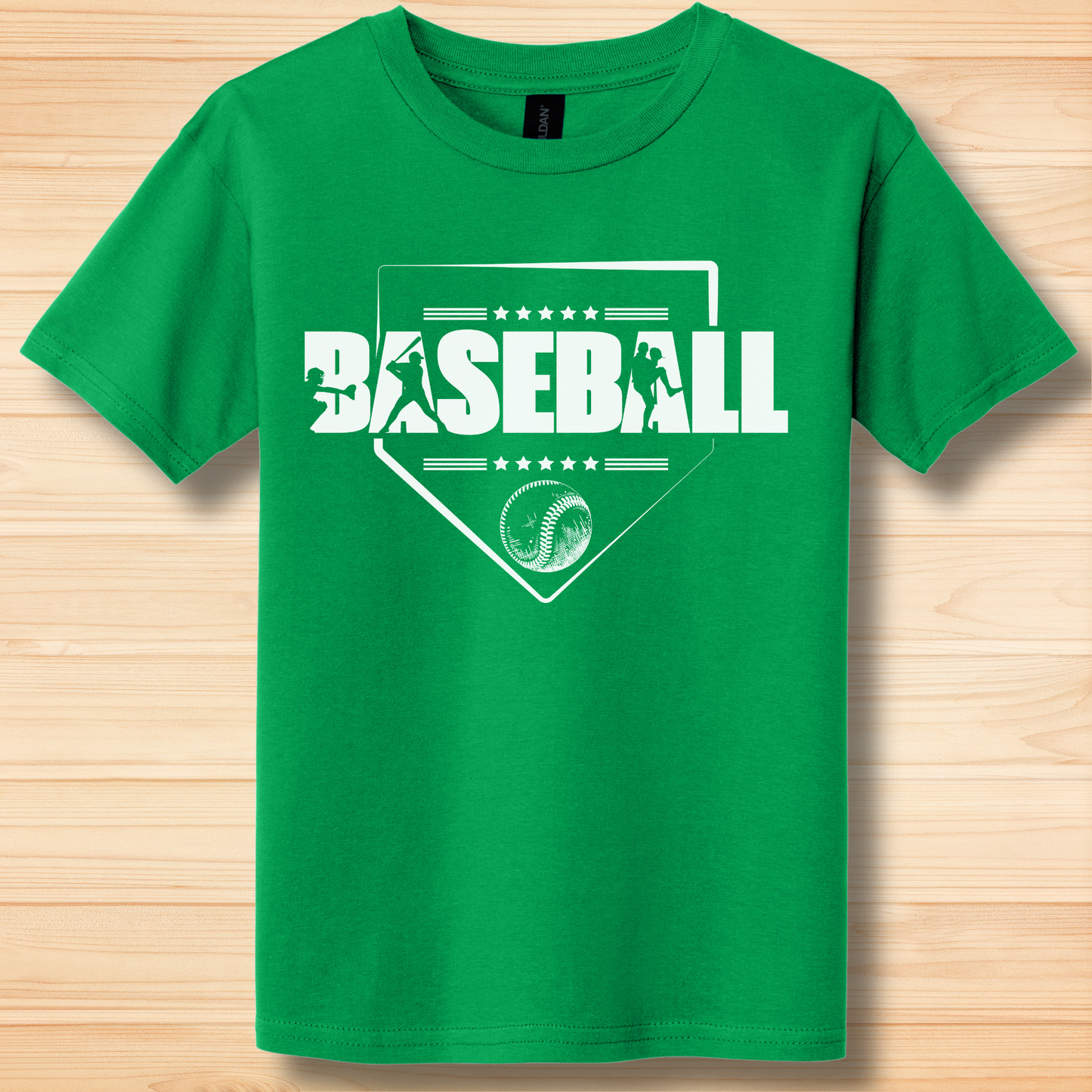 Green t-shirt with 'BASEBALL' design on a wooden surface