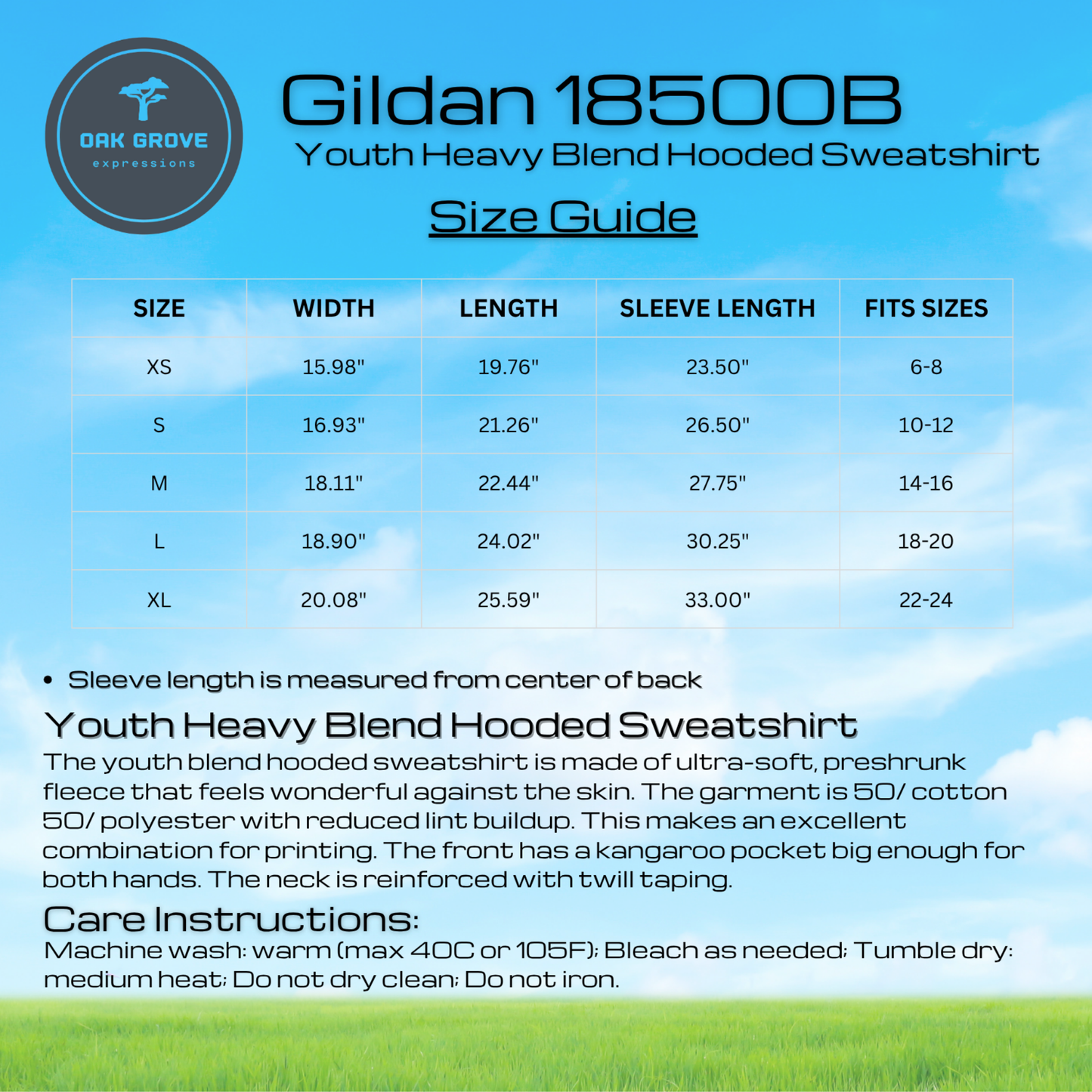 Gildan 18500B Youth Heavy Blend Hooded Sweatshirt size guide with specifications and care instructions.