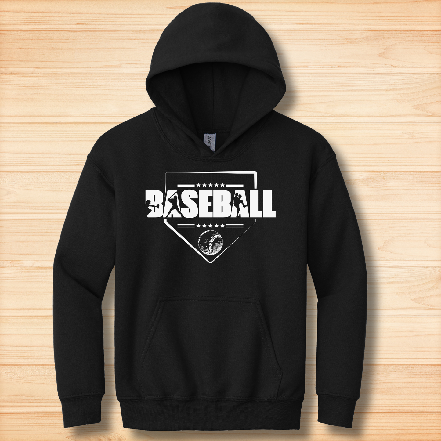 Black hoodie with 'BASEBALL' design on a wooden surface