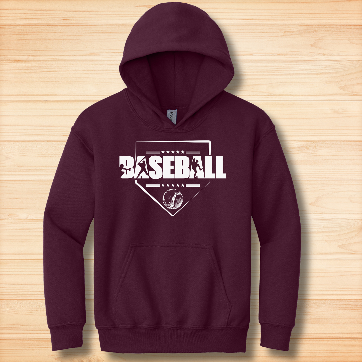 Maroon hoodie with 'BASEBALL' design on a wooden surface