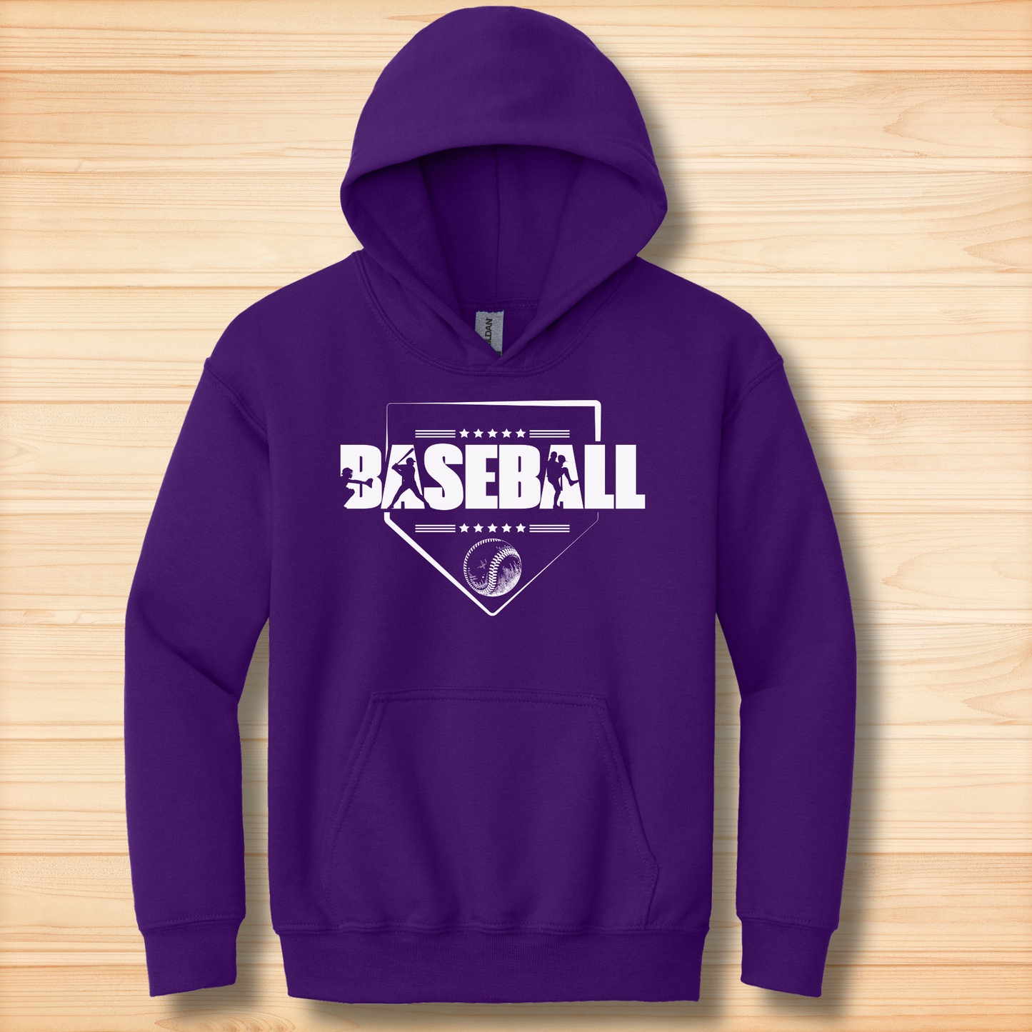 Purple hoodie with 'BASEBALL' design on a wooden surface