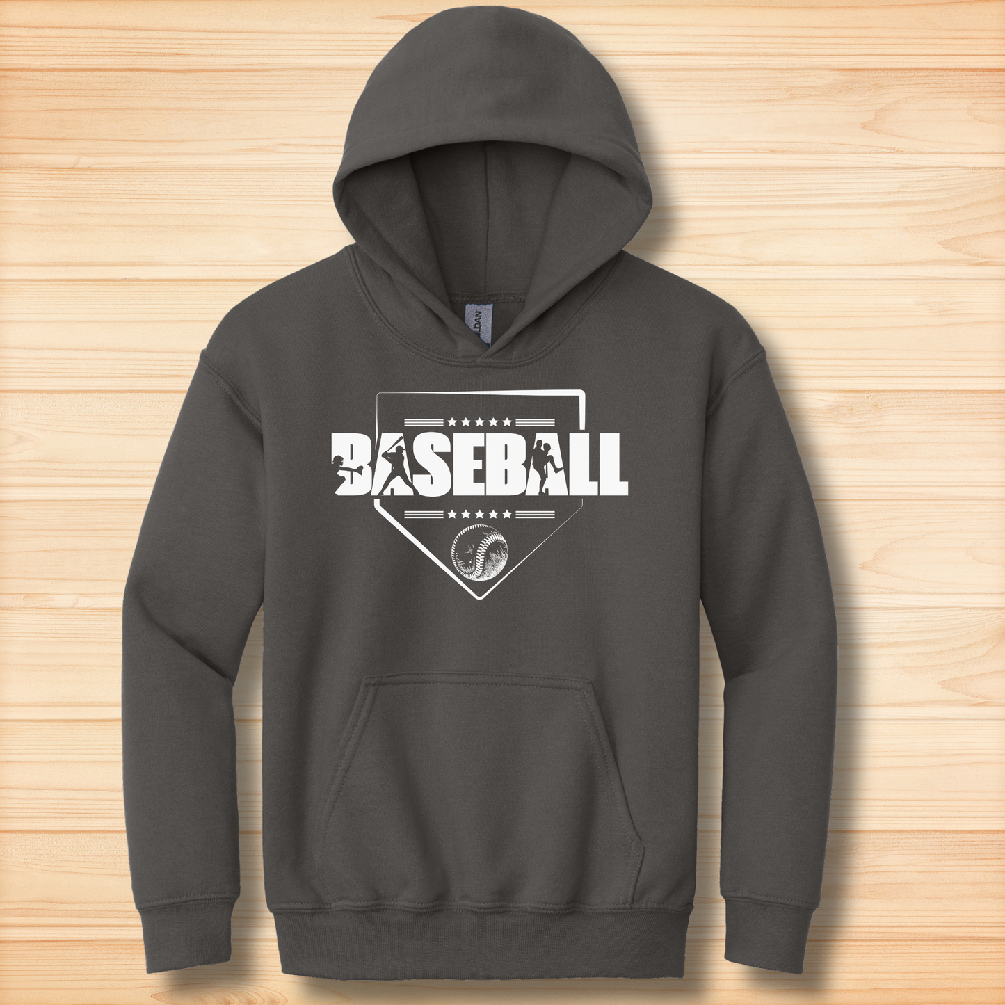Dark gray hoodie with 'BASEBALL' print on a wooden surface