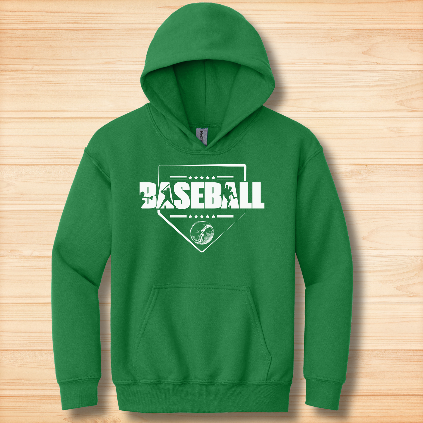 Green hoodie with 'BASEBALL' design on a wooden surface