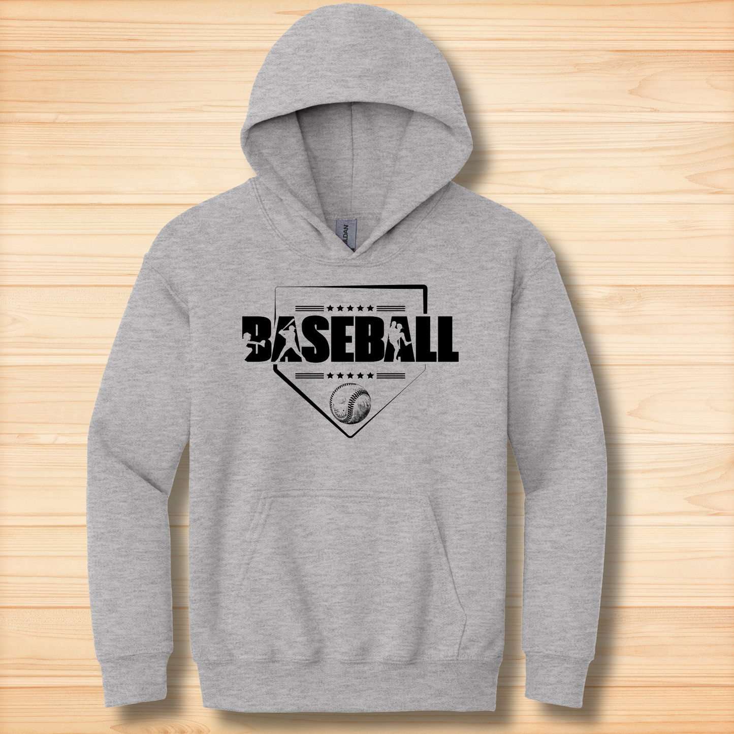 Gray hoodie with 'BASEBALL' text on a wooden surface